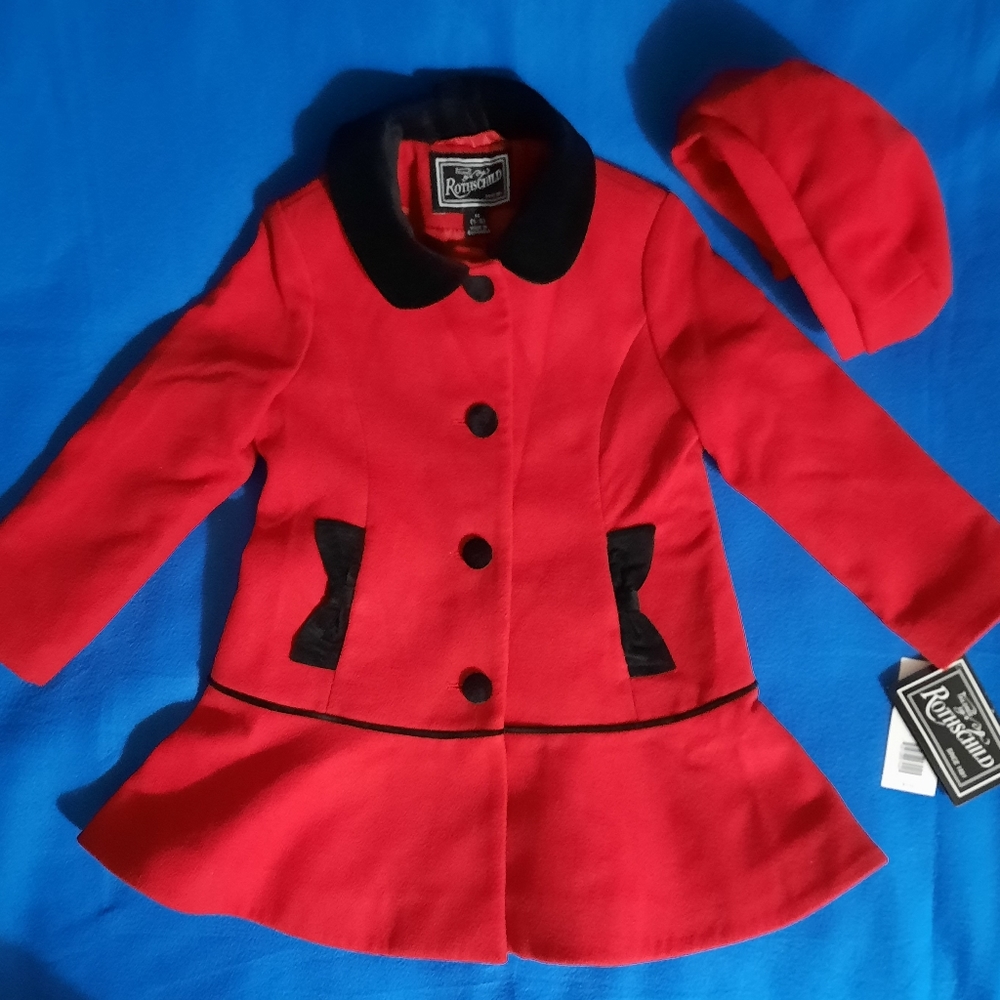 NWT Rothschild Tailored Velvet Bow Faux wool Coat & Beret red Sz 5/6 Gir…